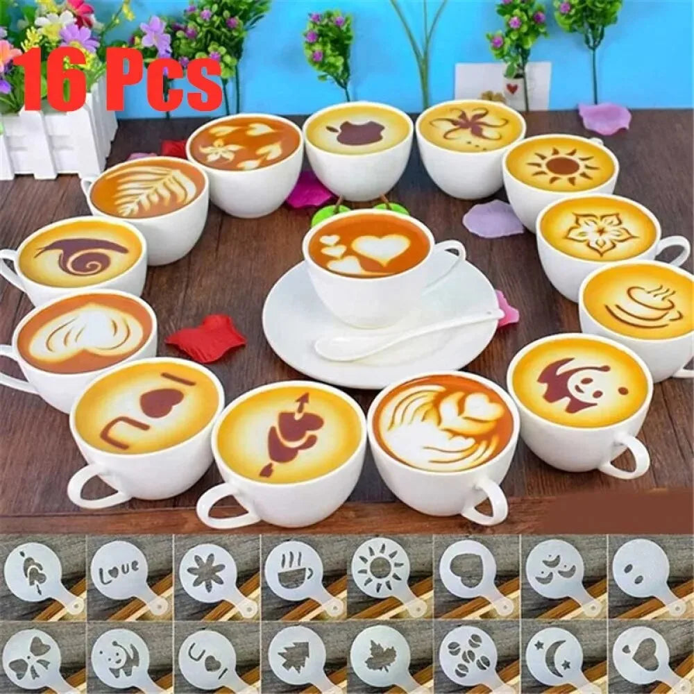 16 PCS/ Set Mixed Styles Cappuccino Latte Coffee Stencils Duster Cake Mold Spray Coffee DIY Art Stencils Coffee Accessories