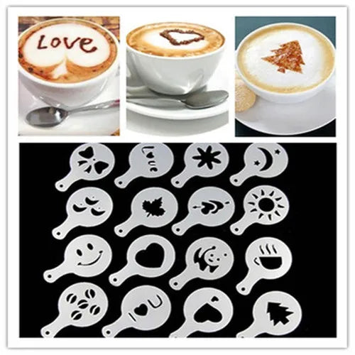 16 PCS/ Set Mixed Styles Cappuccino Latte Coffee Stencils Duster Cake Mold Spray Coffee DIY Art Stencils Coffee Accessories